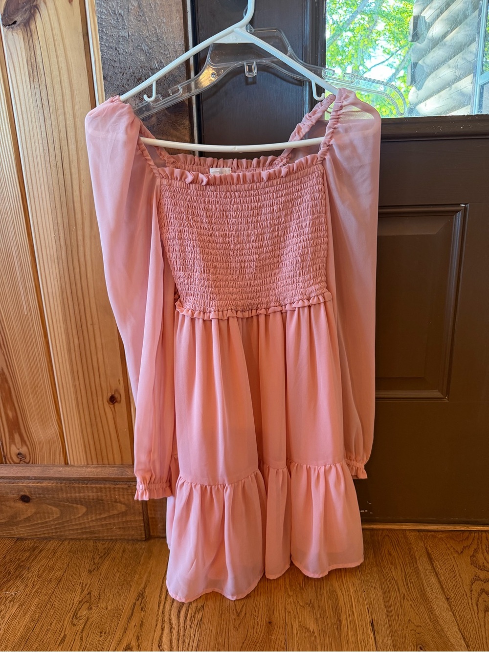 Smocked Off-Shoulder Mini Dress in Blush Pink like new